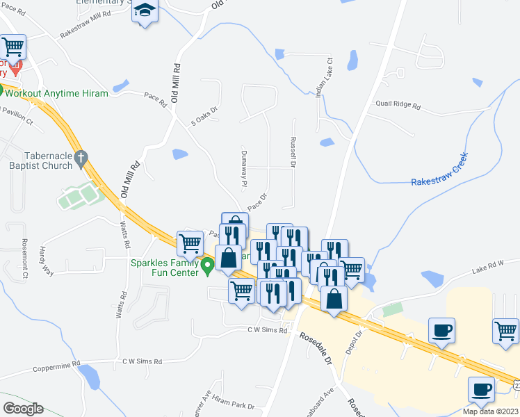 map of restaurants, bars, coffee shops, grocery stores, and more near 64 Pace Drive in Hiram