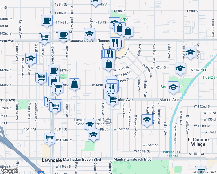 map of restaurants, bars, coffee shops, grocery stores, and more near 14979 Prairie Avenue in Lawndale