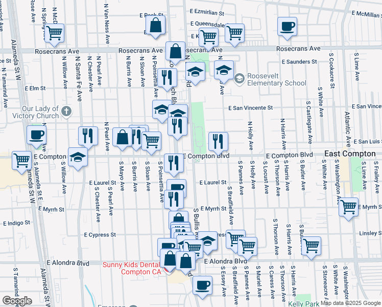map of restaurants, bars, coffee shops, grocery stores, and more near in Compton