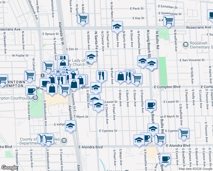 map of restaurants, bars, coffee shops, grocery stores, and more near 736 East Compton Boulevard in Compton
