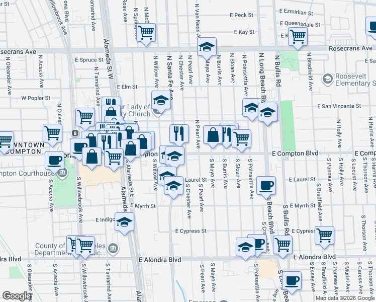 map of restaurants, bars, coffee shops, grocery stores, and more near 801 East Compton Boulevard in Compton