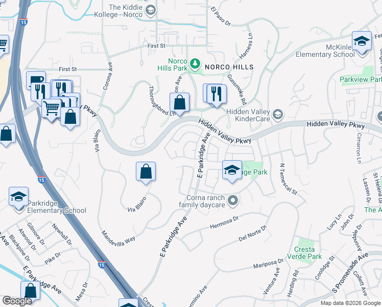 map of restaurants, bars, coffee shops, grocery stores, and more near 1270 Mancero Circle in Corona