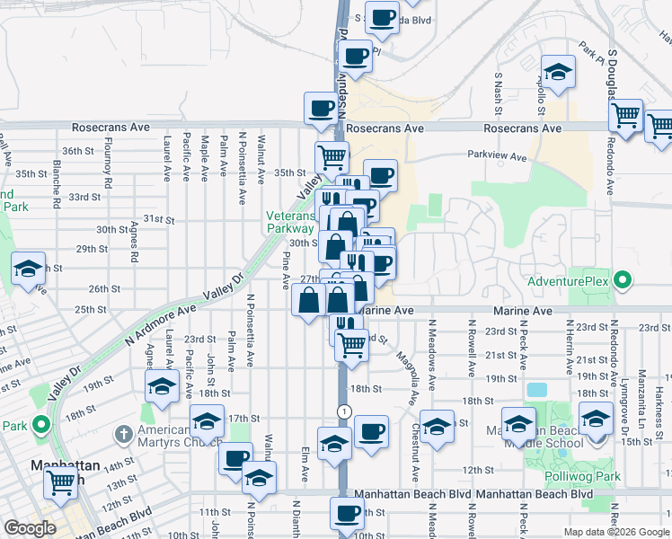 map of restaurants, bars, coffee shops, grocery stores, and more near 2709 North Sepulveda Boulevard in Manhattan Beach