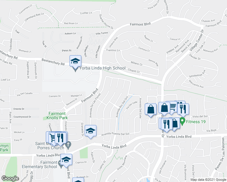 map of restaurants, bars, coffee shops, grocery stores, and more near 4434 Vía Del Prado in Yorba Linda