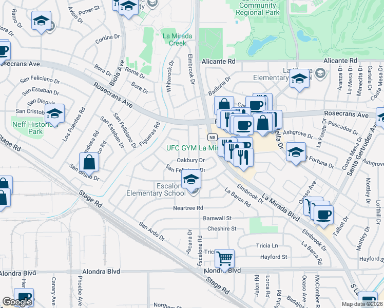 map of restaurants, bars, coffee shops, grocery stores, and more near 14962 Oakbury Drive in La Mirada