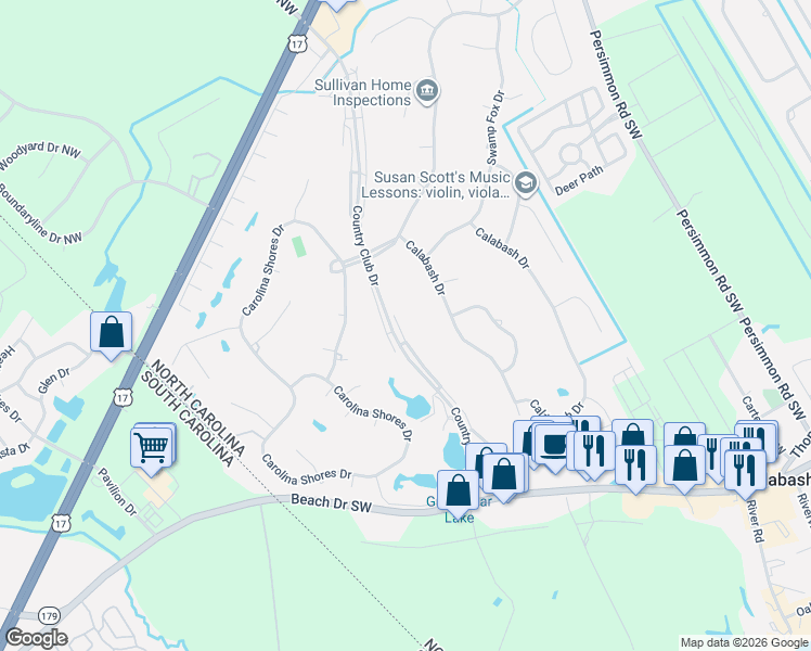 map of restaurants, bars, coffee shops, grocery stores, and more near 2 Country Club Drive in Carolina Shores