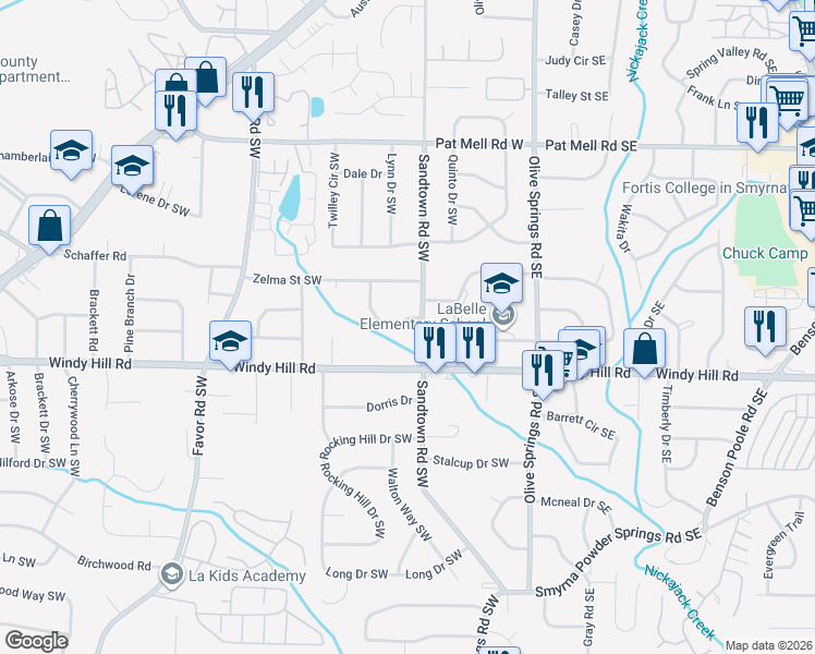 map of restaurants, bars, coffee shops, grocery stores, and more near 2374 Sandtown Road Southwest in Marietta
