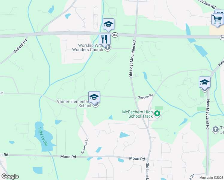 map of restaurants, bars, coffee shops, grocery stores, and more near 4691 Gaydon Road in Powder Springs