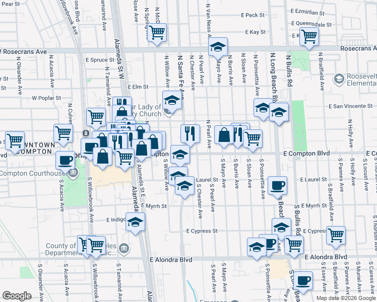 map of restaurants, bars, coffee shops, grocery stores, and more near 2 North Santa Fe Avenue in Compton
