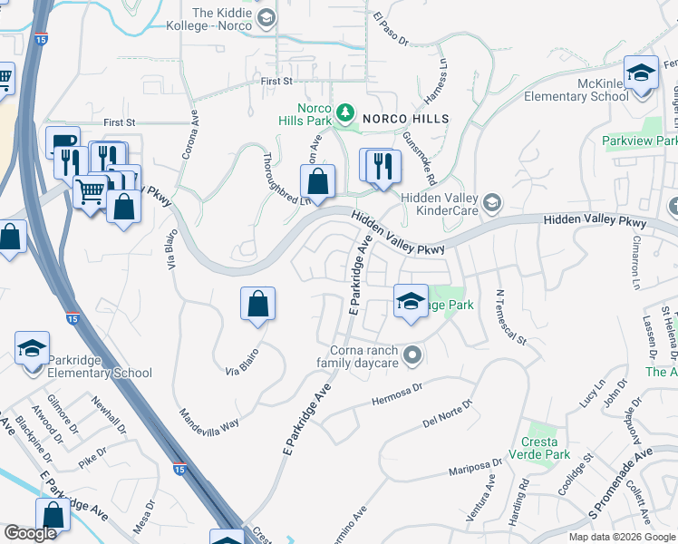 map of restaurants, bars, coffee shops, grocery stores, and more near 1270 Mancero Circle in Corona