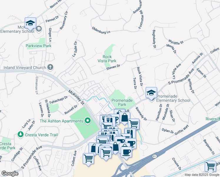 map of restaurants, bars, coffee shops, grocery stores, and more near 2380 Benidorm Circle in Corona