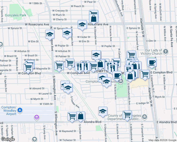 map of restaurants, bars, coffee shops, grocery stores, and more near 516 West Compton Boulevard in Compton