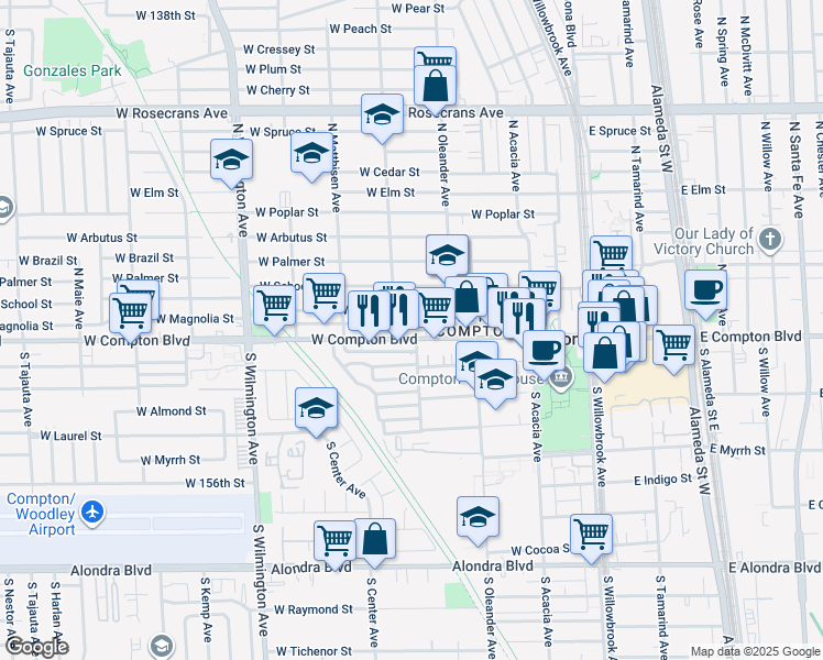 map of restaurants, bars, coffee shops, grocery stores, and more near 485 West Compton Boulevard in Compton