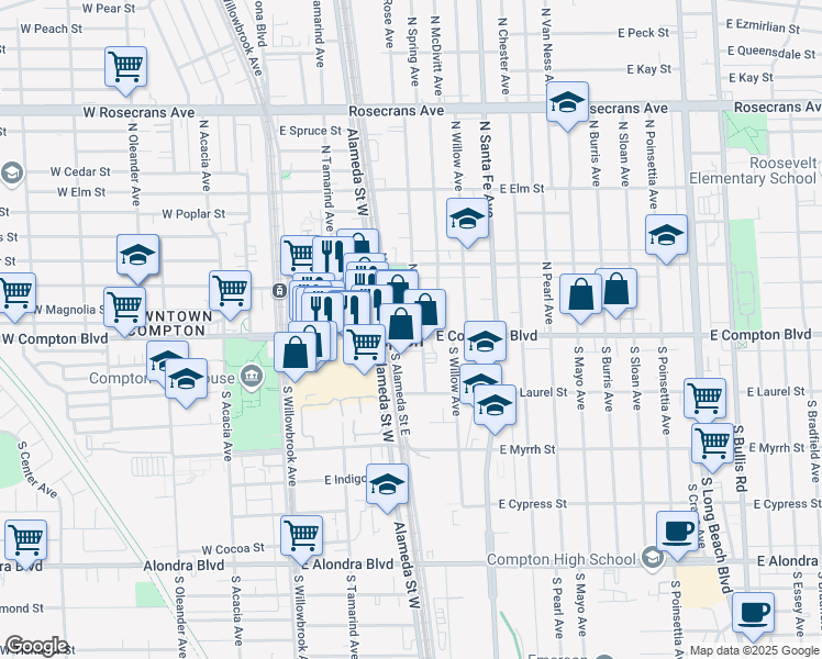 map of restaurants, bars, coffee shops, grocery stores, and more near 333 East Compton Boulevard in Compton