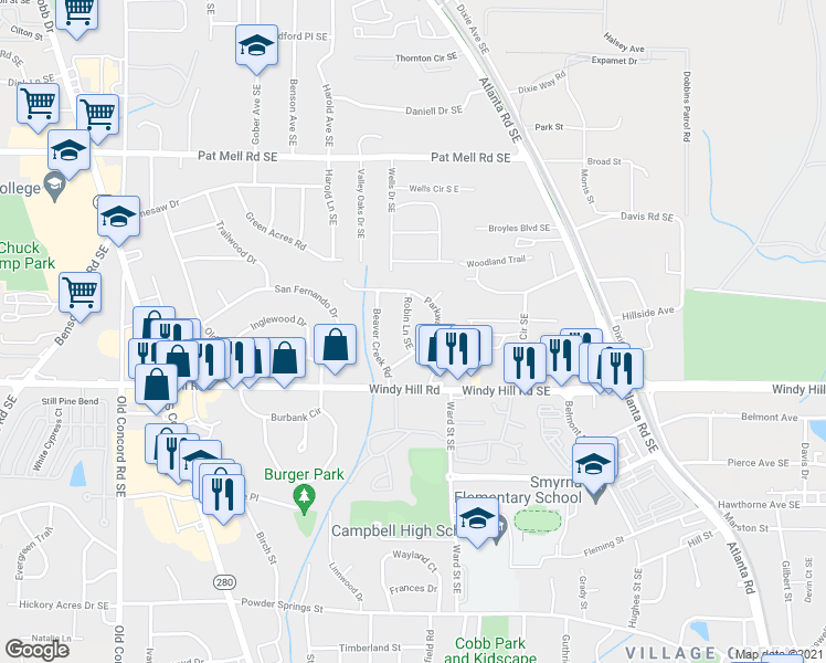 map of restaurants, bars, coffee shops, grocery stores, and more near 2331 Robin Lane Southeast in Smyrna