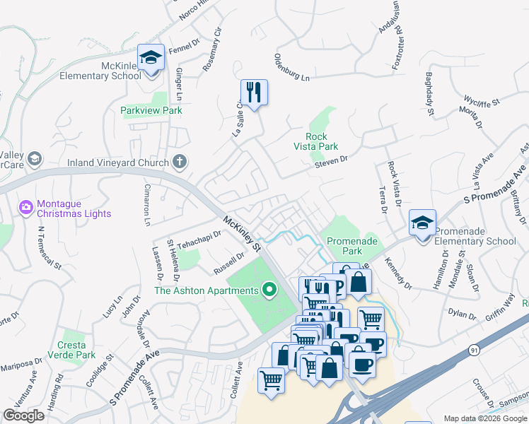 map of restaurants, bars, coffee shops, grocery stores, and more near 2252 Ascot Street in Corona