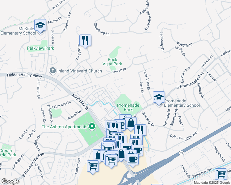map of restaurants, bars, coffee shops, grocery stores, and more near 2380 Benidorm Circle in Corona