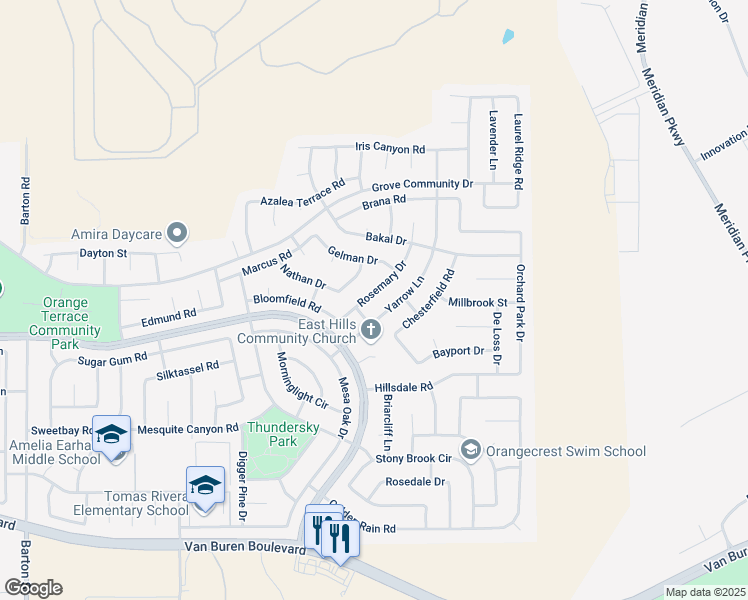 map of restaurants, bars, coffee shops, grocery stores, and more near 8542 Rosemary Drive in Riverside