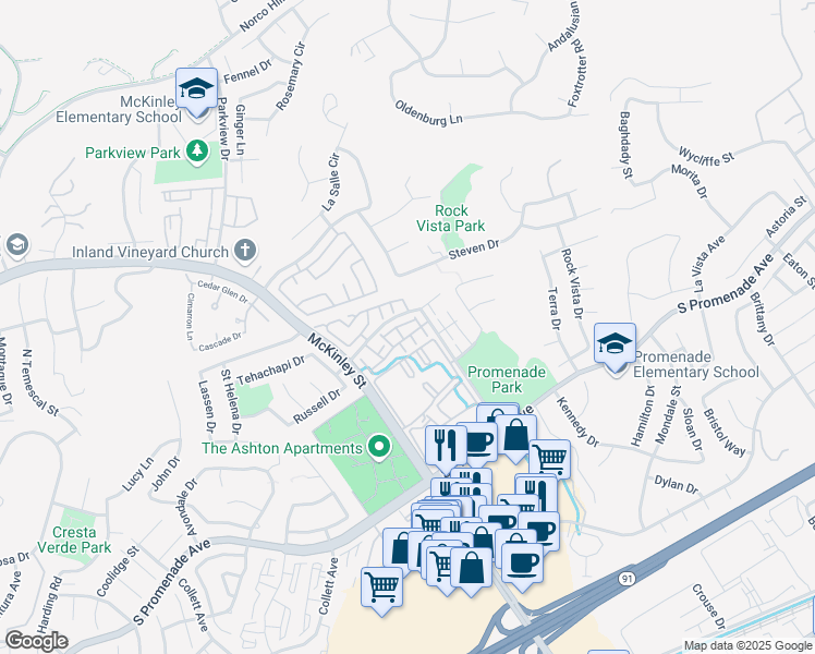 map of restaurants, bars, coffee shops, grocery stores, and more near 2275 Indigo Hills Drive in Corona