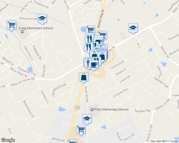 map of restaurants, bars, coffee shops, grocery stores, and more near 1350 Scenic Highway in Snellville