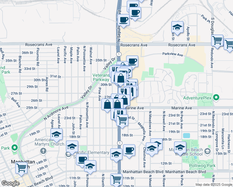 map of restaurants, bars, coffee shops, grocery stores, and more near 2613 North Sepulveda Boulevard in Manhattan Beach
