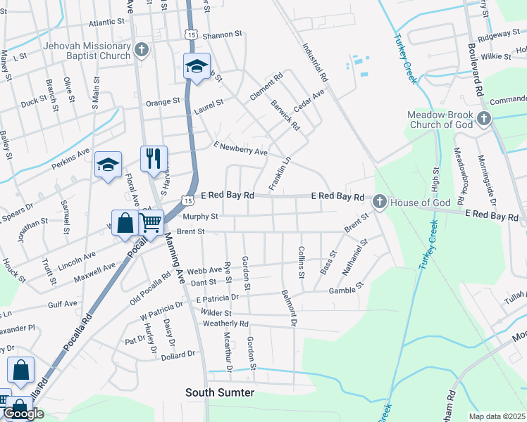 map of restaurants, bars, coffee shops, grocery stores, and more near 115 Murphy Street in Sumter