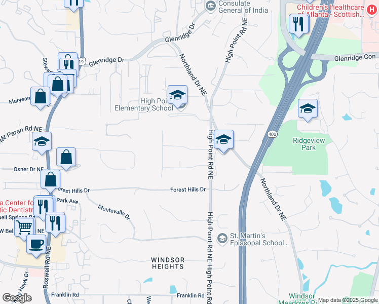 map of restaurants, bars, coffee shops, grocery stores, and more near 550 Timber Valley Road Northeast in Atlanta