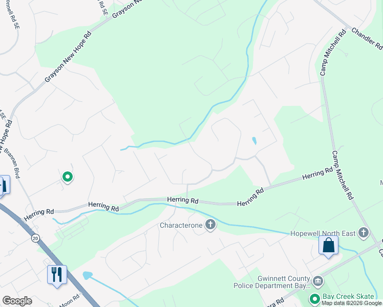 map of restaurants, bars, coffee shops, grocery stores, and more near 2500 Amberbrook Lane in Grayson