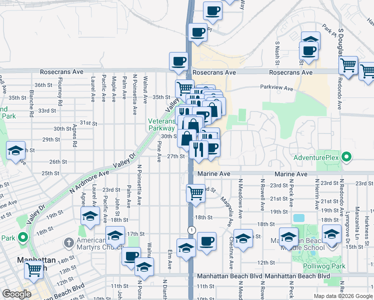 map of restaurants, bars, coffee shops, grocery stores, and more near 2711 North Sepulveda Boulevard in Manhattan Beach