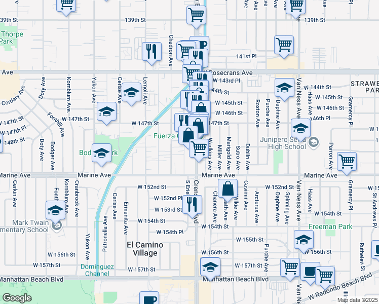 map of restaurants, bars, coffee shops, grocery stores, and more near 11848 Manor Dr in El Camino Village