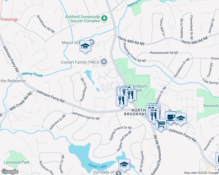 map of restaurants, bars, coffee shops, grocery stores, and more near 3645 Ashford Creek Place Northeast in Atlanta