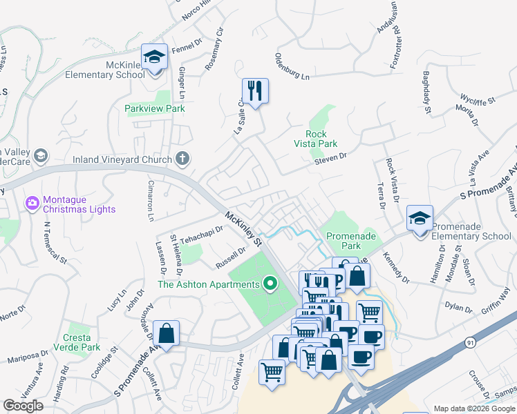 map of restaurants, bars, coffee shops, grocery stores, and more near 2251 Ascot Street in Corona