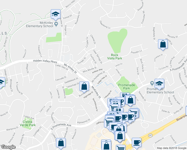 map of restaurants, bars, coffee shops, grocery stores, and more near 2251 Ascot Street in Corona