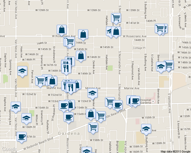 map of restaurants, bars, coffee shops, grocery stores, and more near 14811 Denker Avenue in Gardena