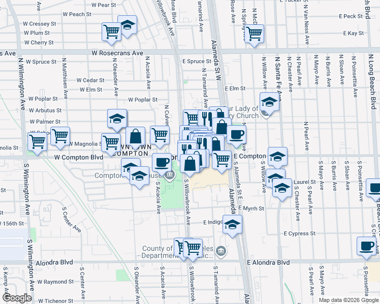 map of restaurants, bars, coffee shops, grocery stores, and more near 101 East Compton Boulevard in Compton