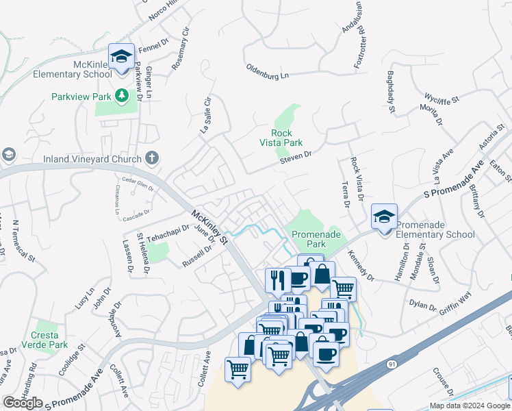 map of restaurants, bars, coffee shops, grocery stores, and more near 2275 Indigo Hills Drive in Corona
