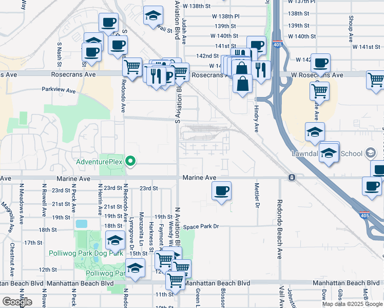 map of restaurants, bars, coffee shops, grocery stores, and more near 5510 West 149th Place in Hawthorne