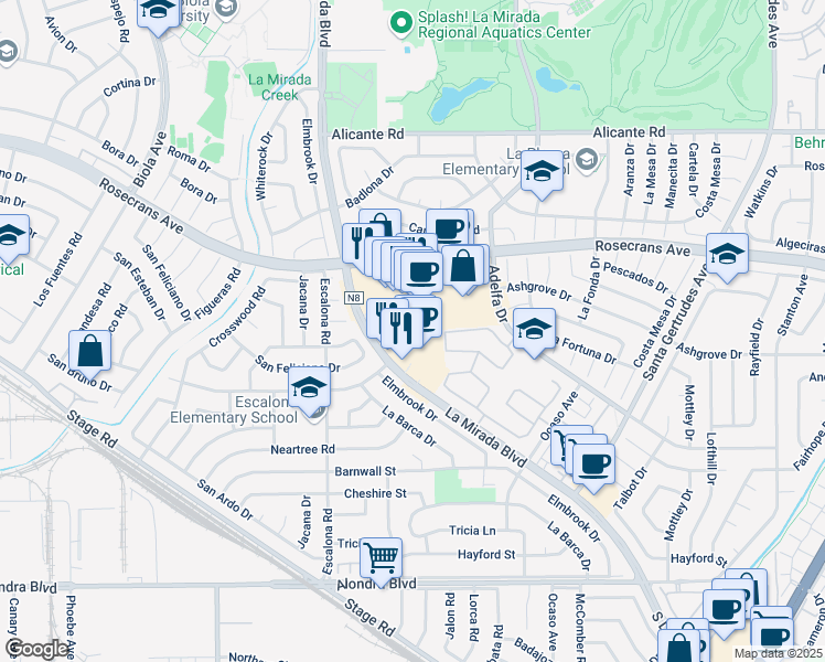 map of restaurants, bars, coffee shops, grocery stores, and more near 14920 La Mirada Boulevard in La Mirada