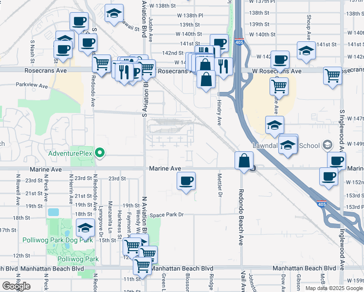 map of restaurants, bars, coffee shops, grocery stores, and more near 5408 West 149th Place in Hawthorne