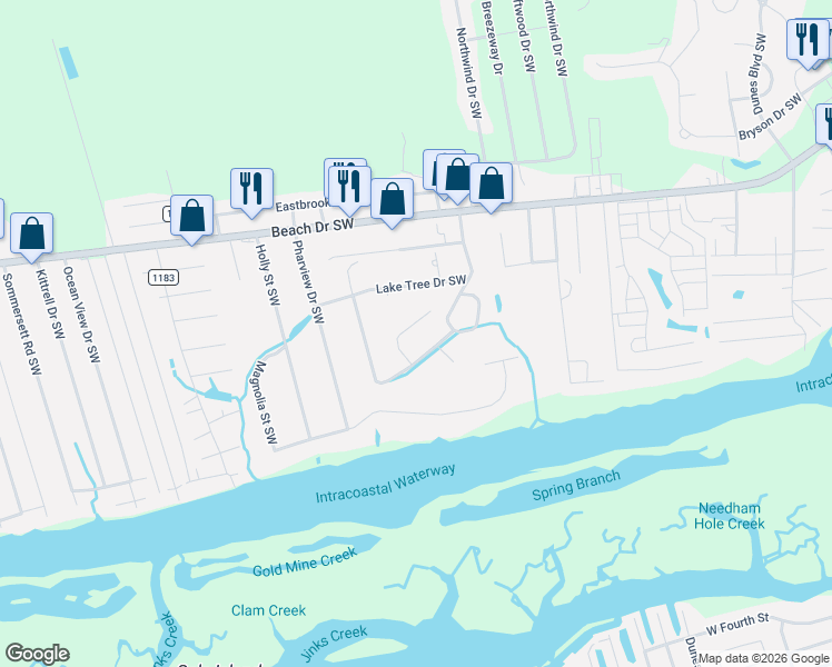 map of restaurants, bars, coffee shops, grocery stores, and more near 1715 Bay Tree Court Southwest in Ocean Isle Beach