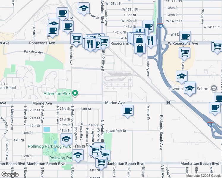 map of restaurants, bars, coffee shops, grocery stores, and more near 5512 West 149th Place in Hawthorne