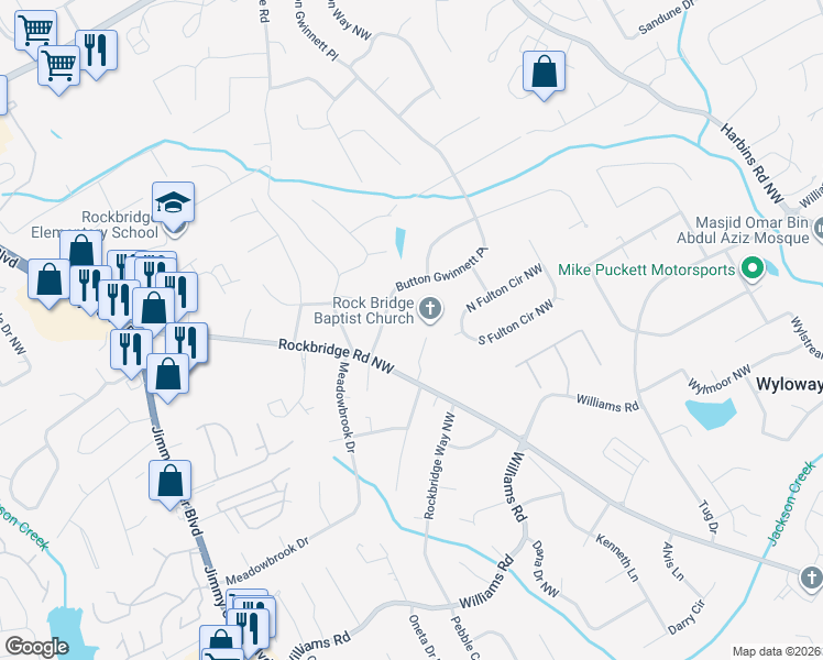 map of restaurants, bars, coffee shops, grocery stores, and more near 1032 Rockbridge Road Northwest in Norcross