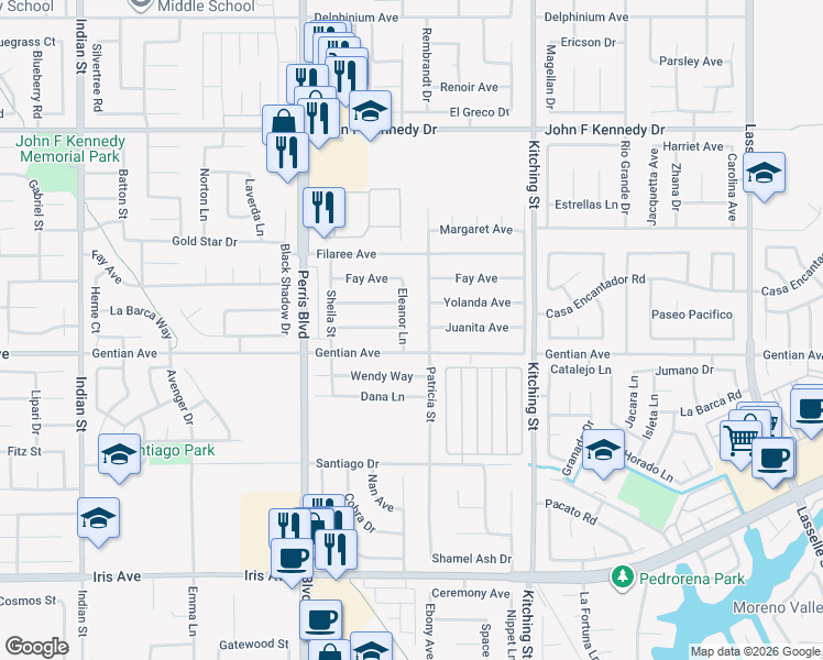 map of restaurants, bars, coffee shops, grocery stores, and more near 15394 Eleanor Lane in Moreno Valley