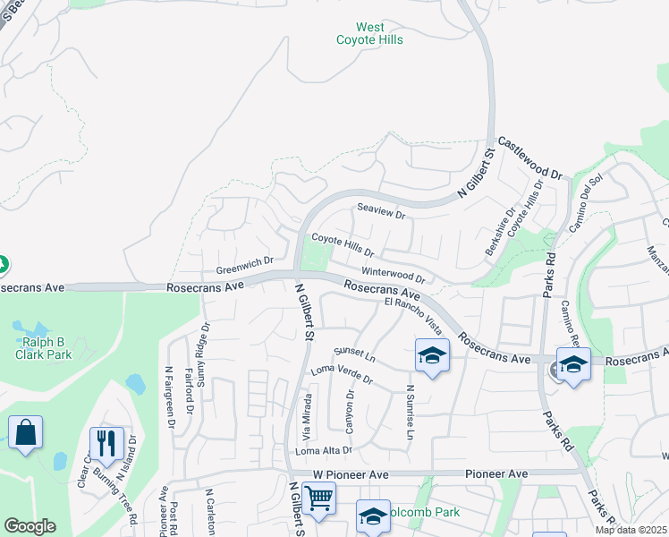 map of restaurants, bars, coffee shops, grocery stores, and more near 2118 Coyote Hills Drive in Fullerton