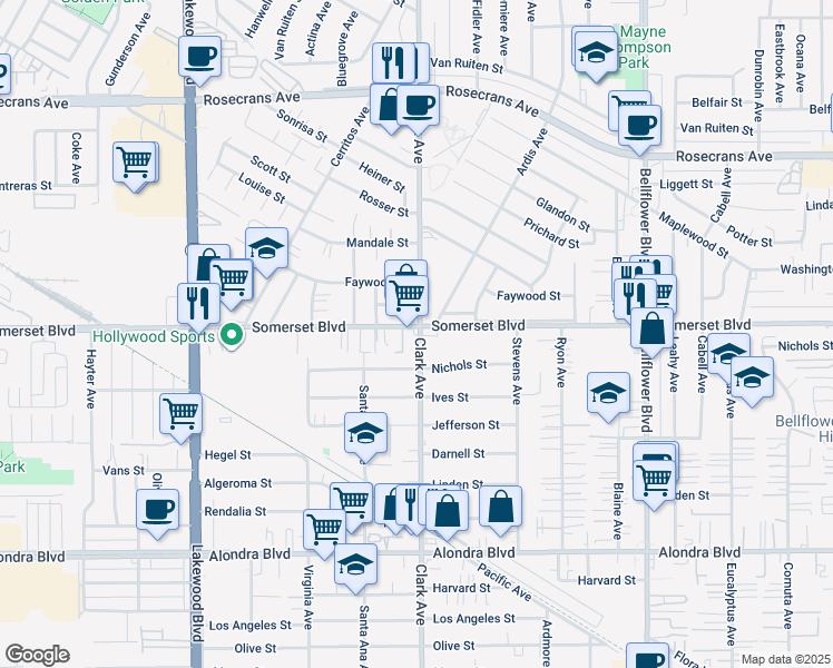 map of restaurants, bars, coffee shops, grocery stores, and more near 14930 Clark Avenue in Bellflower