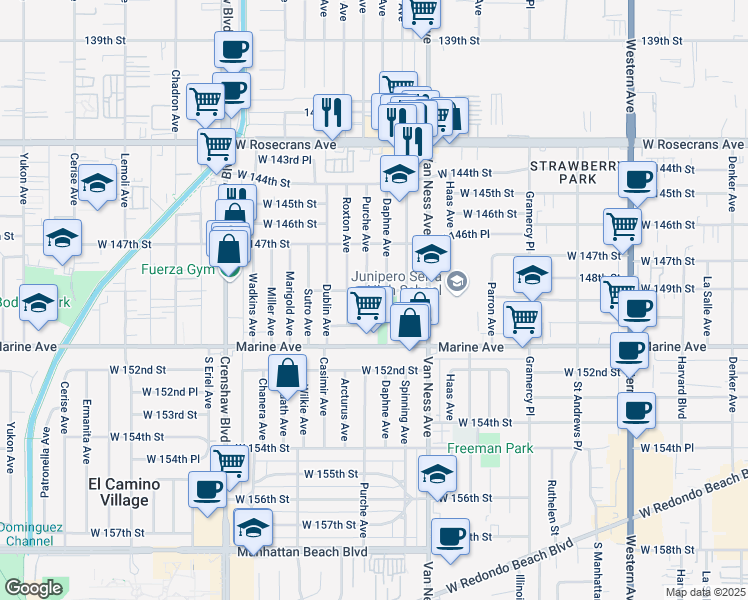 map of restaurants, bars, coffee shops, grocery stores, and more near 14833 Daphne Avenue in Gardena