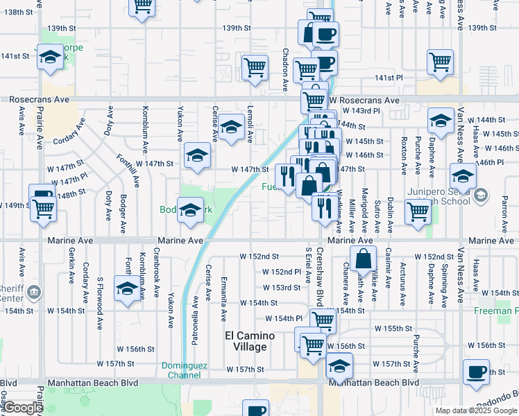 map of restaurants, bars, coffee shops, grocery stores, and more near 14818 Lemoli Avenue in Gardena