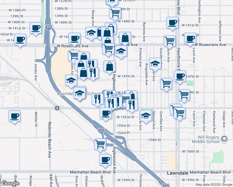 map of restaurants, bars, coffee shops, grocery stores, and more near 14808 Inglewood Avenue in Lawndale
