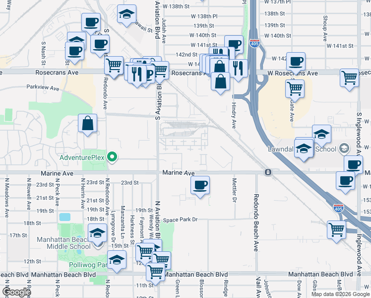 map of restaurants, bars, coffee shops, grocery stores, and more near 5507 West 149th Place in Hawthorne
