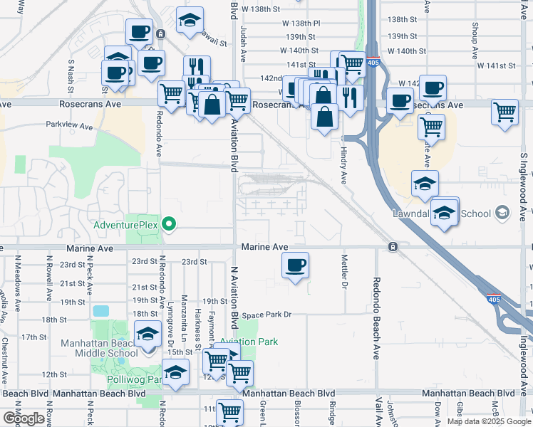 map of restaurants, bars, coffee shops, grocery stores, and more near 5507 West 149th Place in Hawthorne